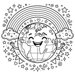 Fototapeta premium Cute Happy Earth Character with Rainbow Coloring Page