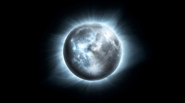 Glowing full moon suspended in deep black space showing intricate crater textures and a radiant blue light halo surrounding the circular lunar surface against dark nothingness