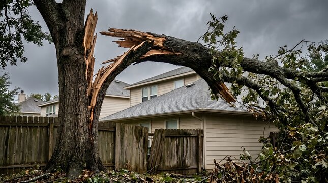 Large Tree Fallen on House After Severe Storm Damage.