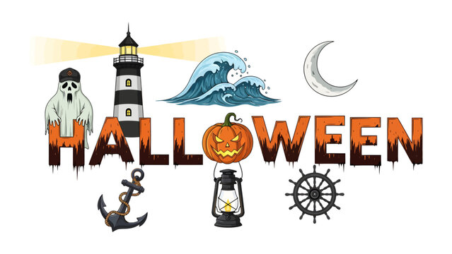 Halloween Themed Graphic Elements: A collection of spooky and festive graphic elements for Halloween, including a ghost, lighthouse, crashing wave, crescent moon, anchor, lantern, and ship's wheel.