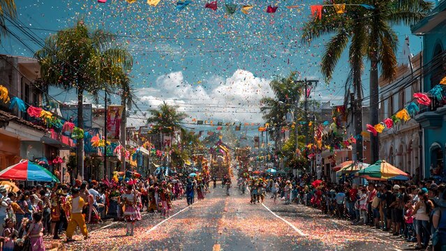 Vibrant street parade with colorful confetti falling on a festive crowd.