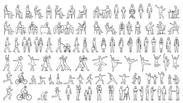 CAD Drawings Set of People Outlines Isolated on White Background &ndash; Sitting Walking Dancing Human Figures Vector Illustration Collection