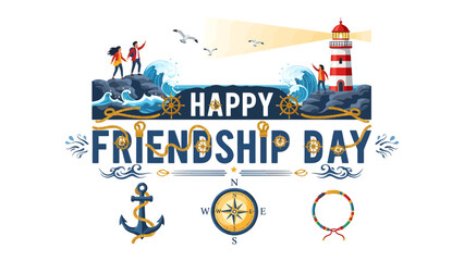 Naklejka premium Happy Friendship Day illustration with people and lighthouse