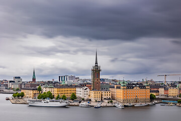 Fototapeta premium Riddarholmen Island Waterfront and Church Spire, Stockholm