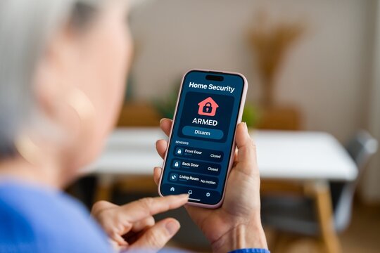Hand using smart home security app on smartphone indoors