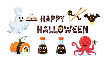 Spooky Sushi Celebration: A whimsical Halloween-themed illustration featuring a ghost chef, a pumpkin sushi roll, a friendly octopus holding sushi, and spooky soy sauce bottles. © AJM