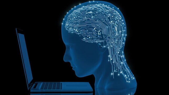 Ai brain circuitry on human head silhouette with laptop