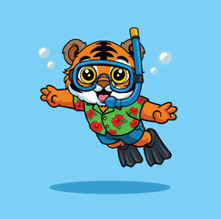 Cute cartoon tiger cub mascot character snorkeling and swimming underwater with a diving mask and flippers © harrisaputra