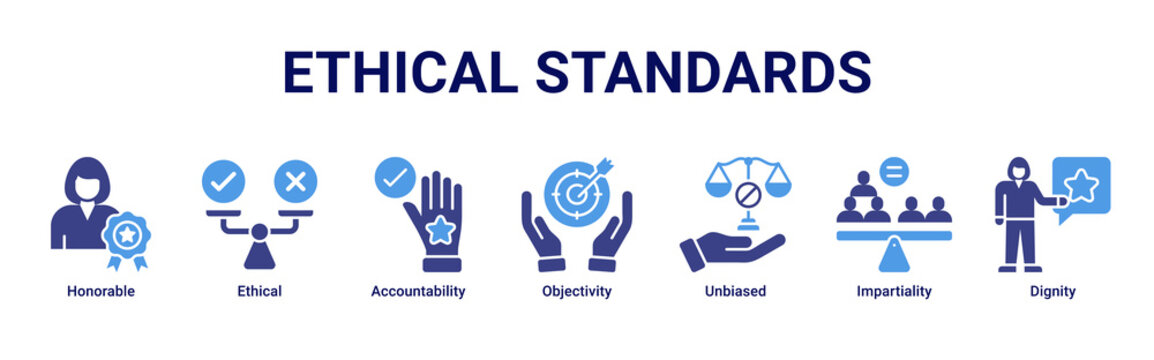 Ethical Standards web banner icon vector illustration with icons of Honorable, Ethical, Accountability, Objectivity, Unbiased, Impartiality and Dignity