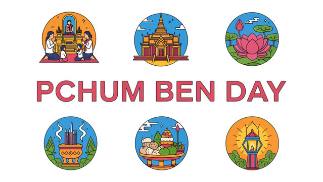 Pchum Ben Day Celebration Icons: A collection of vibrant circular icons depicting elements of Pchum Ben Day, a Cambodian religious festival, including traditional ceremonies, pagodas, lotus flowers.