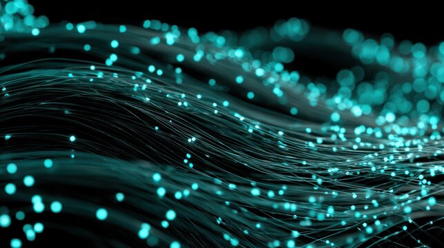 Abstract flowing fiber optic strands with glowing lights