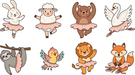 Fototapeta premium Cute cartoon animals ballerina vector set featuring friendly wildlife characters wearing pink tutus isolated clip art illustrations.