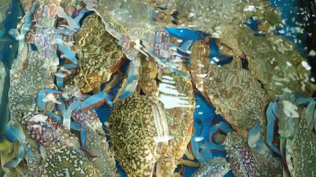 Top View of Live Crabs Moving in Aquarium Water. Overhead close-up footage of live crabs moving inside a seafood market aquarium. Sunlight reflections and rippling water create dynamic patterns across
