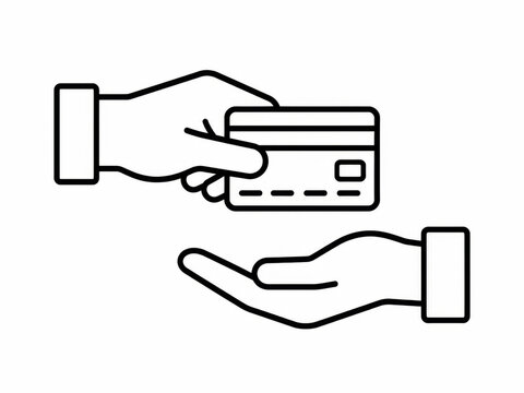 Hand giving a credit card to another hand as a payment or transaction icon symbol