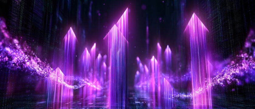Abstract purple futuristic cityscape with glowing arrows