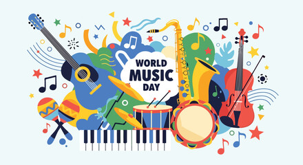 Vibrant World Music Day celebration with musical instruments © Jalilun