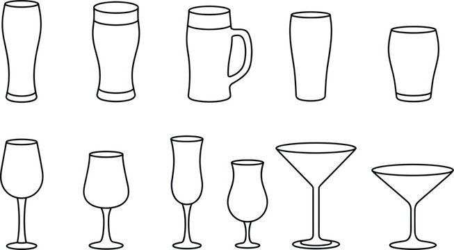 Alcohol glassware outline vector icon set, beer mug wine martini cocktail glasses isolated on white background
