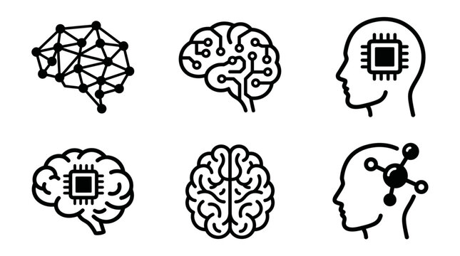 Artificial Intelligence and Human Brain Digital Technology Icon Set