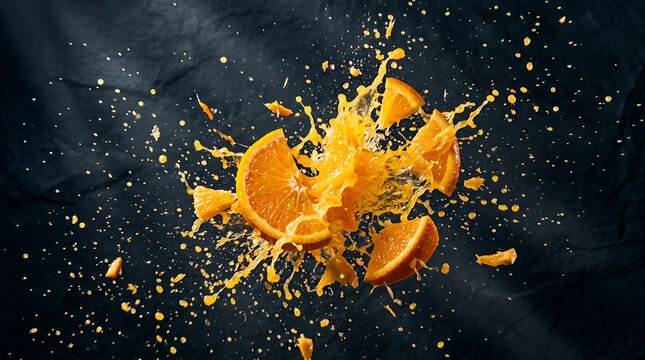 Fresh orange fruit exploding with juice splash on a dark background