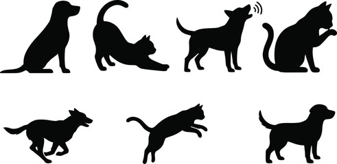 Obraz premium Dog and Cat Silhouette Collection with Pet Poses and Animal Behavior Vector Set