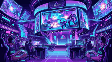 Futuristic esports tournament arena with professional gamers playing a competitive mecha battle video game in a neon purple cyber setting © john