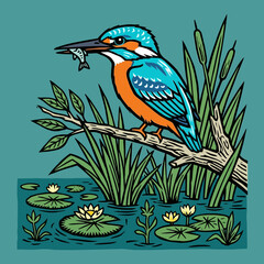 Obraz premium Kingfisher bird with fish on branch, reeds and water lilies pond illustration