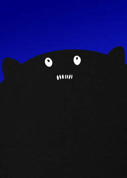 Cute black monster illustration on dark blue background