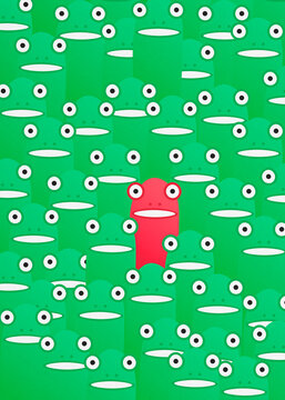 Unique red frog standing out in a green crowd