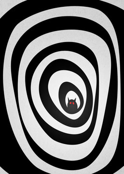 Spooky monster silhouette with red eyes in a hypnotic spiral tunnel