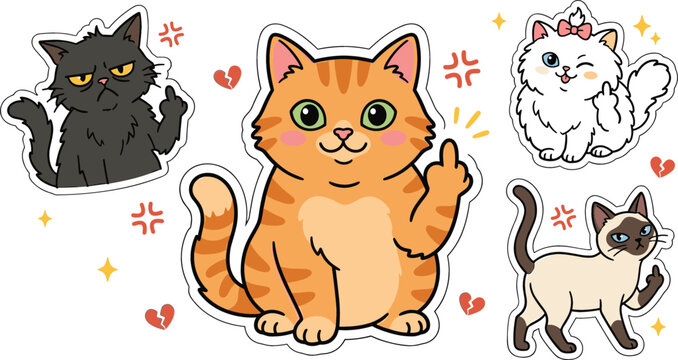 Funny cat showing middle finger sticker set with angry tabby black white and siamese kitten vector