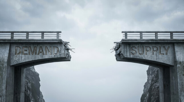 Demand supply broken bridge gap shortage staffing shortages concrete cliff sky cloudy imbalance economic concept construction infrastructure