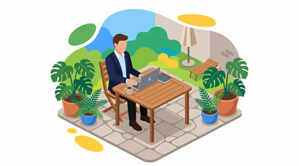Fototapeta premium Isometric businessman working remotely on laptop in outdoor garden patio