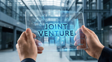 Obraz premium Biotech mergers acquisitions joint venture concept with futuristic transparent digital tablet held by businessman in modern office environment