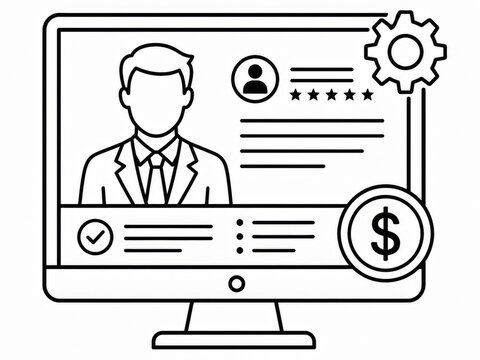 Computer screen showing a professional user profile with gear and money icons