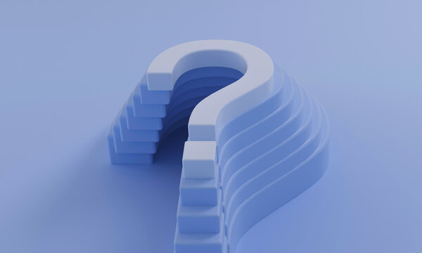 Blue 3D question mark made of steps on a blue background