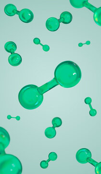 3D render of floating green hydrogen H2 molecules for clean energy