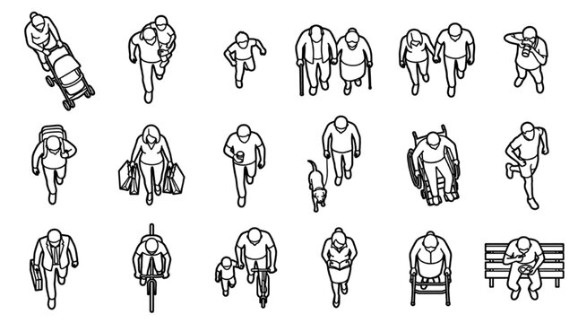 Top View Architectural CAD Inclusive Pedestrian Block Collection with Families, Wheelchair and Urban Figures