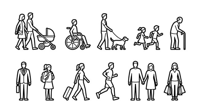 Architectural CAD Inclusive Pedestrian Block Collection with Families, Cyclists and Accessibility Figures