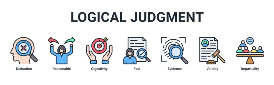 Logical Judgment web banner icon vector illustration with icons of Deduction, Reasonable, Objectivity, Fact, Evidence, Validity and Impartiality
