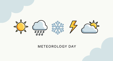 Obraz premium Weather icons for Meteorology Day with sun, rain, snow, and lightning