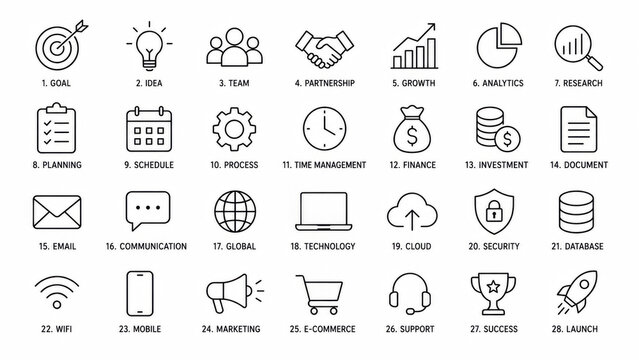 Set of simple black thin line icons for business and website user interface design