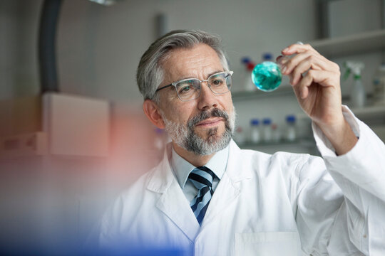 Scientist in laboratory examining liquid in round bottom flask