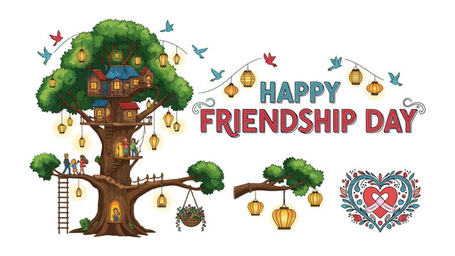 Friendship Day Treehouse Celebration: A whimsical treehouse nestled in a lush tree, adorned with lanterns and birds, signifies the joy and warmth of Friendship Day.