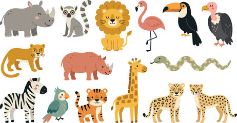 Fototapeta premium Cute cartoon safari jungle animals vector set with wild african wildlife characters collection isolated illustrations design.