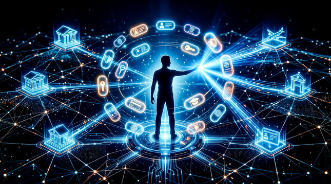 Human silhouette credential capsules orbiting selective share beams nodes self-sovereign identity
