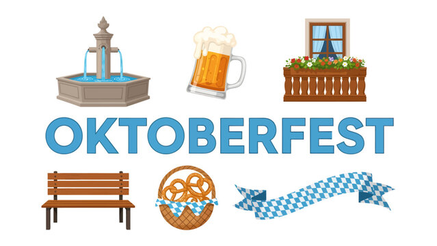 Oktoberfest Celebration Elements: A collection of iconic symbols representing the lively Oktoberfest festival, including a beer mug, pretzel basket, wooden bench, water fountain, window box.