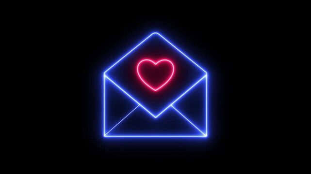 Neon glowing blue envelope and pink heart animation loop featuring a minimalist open love letter icon on a transparent alpha channel background