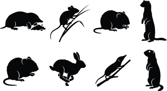 Small Mammal Wildlife Silhouette Collection with Mouse Rabbit Vole and Marmot