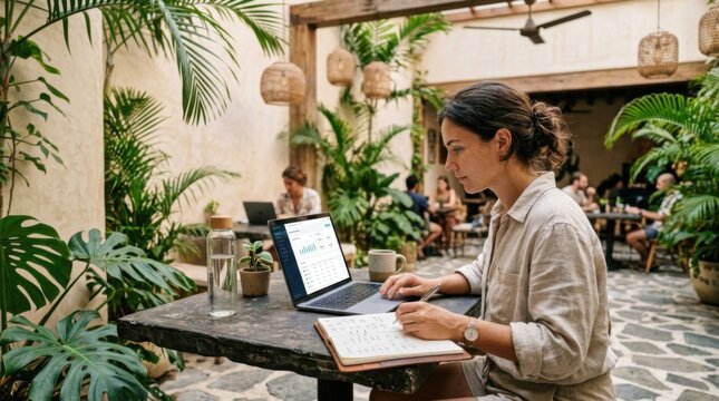 Trabajo remoto en espacios no convencionales. Profesionales digitales trabajan con port&aacute;til en furgonetas, caf&eacute;s, terrazas, caba&ntilde;as y espacios verdes, reflejando movilidad, productividad y estilo de v