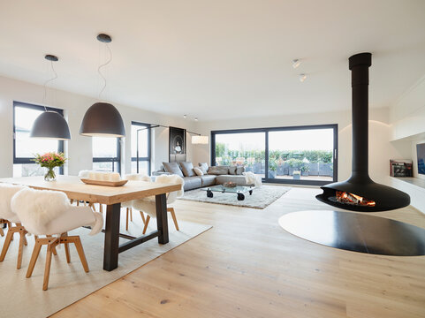Furniture arranged in modern living room at home